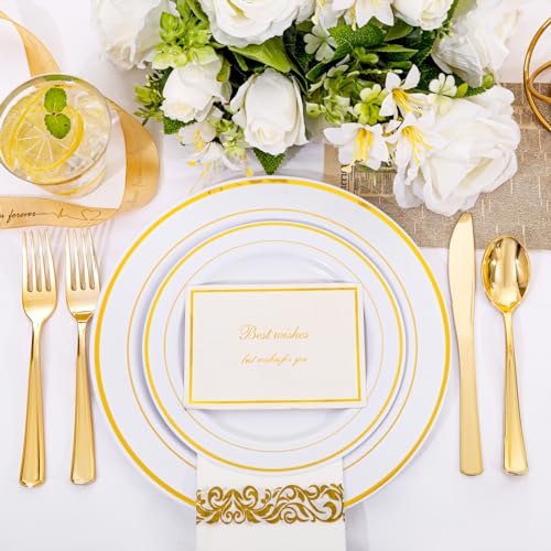 I00000 350Pcs Gold Dinnerware Set for 50 Guests, Gold Plastic Plates for Party, Include: 100 Disposable Plastic Plates, 50 Paper Napkins, 50 Cups, 50 Silverware Set Perfect for Party & Wedding - Image 5