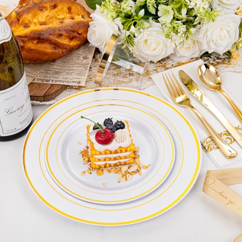 I00000 350Pcs Gold Dinnerware Set for 50 Guests, Gold Plastic Plates for Party, Include: 100 Disposable Plastic Plates, 50 Paper Napkins, 50 Cups, 50 Silverware Set Perfect for Party & Wedding - Image 4