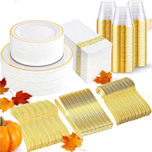 I00000 350Pcs Gold Dinnerware Set for 50 Guests, Gold Plastic Plates for Party, Include: 100 Disposable Plastic Plates, 50 Paper Napkins, 50 Cups, 50 Silverware Set Perfect for Party & Wedding - Image 1
