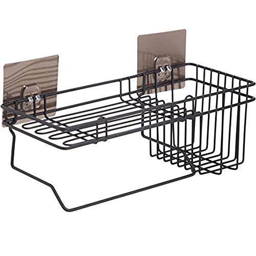 valashiv Self Adhesive Wall Mounted Kitchen Storage Hanging Rack Basket with Tissue Holder and Kitchen Towel Holder Wardrobe Hanging Organizer Bathroom Storage Rack Black - Image 4