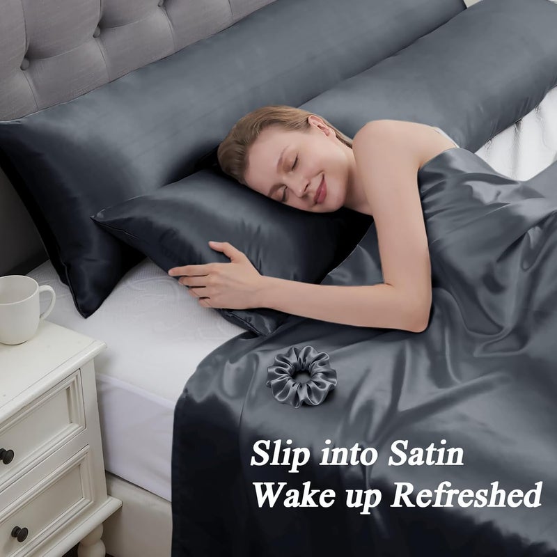 Vielit Satin Body Pillow Cover 1pc,Silky Body Pillow Pillowcase Similar to Silk Pillow Cases Soft Long Pillowcase 20x54 & Envelope Closure, for Women Men Dark Grey & 1 Satin Scunchie - Image 2