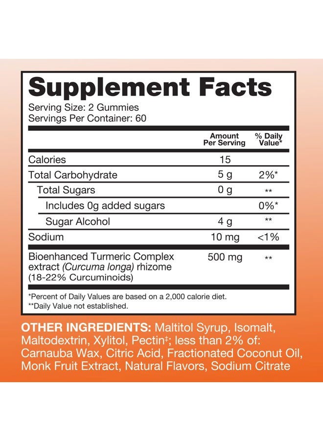 Qunol Zero Sugar Turmeric Gummies, Gummy with 500mg Turmeric Curcumin, Joint Support Supplement, Ultra High Absorption Tumeric Curcumin, Vegetarian, Gluten Free, 120 Count - Image 3