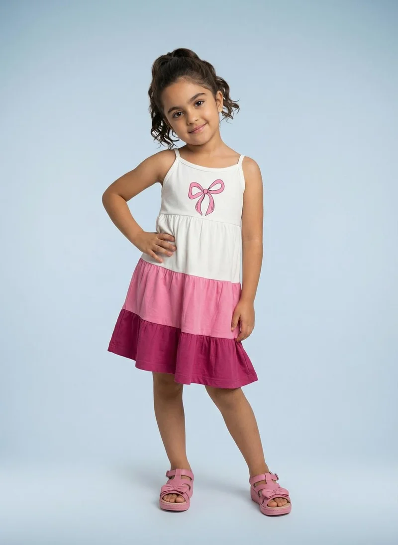Nautinati Nautinati Girls' 100% Cotton Tiered Dress with Colourblock & Ribbon Graphic Print