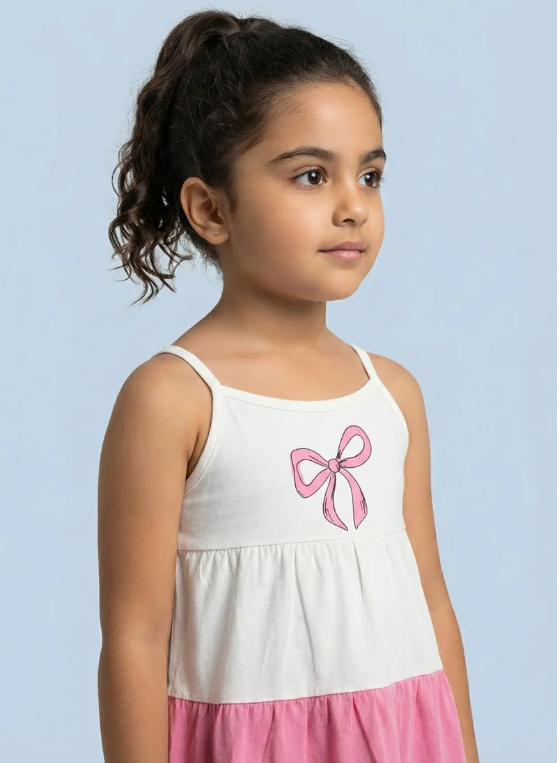 Nautinati Nautinati Girls' 100% Cotton Tiered Dress with Colourblock & Ribbon Graphic Print