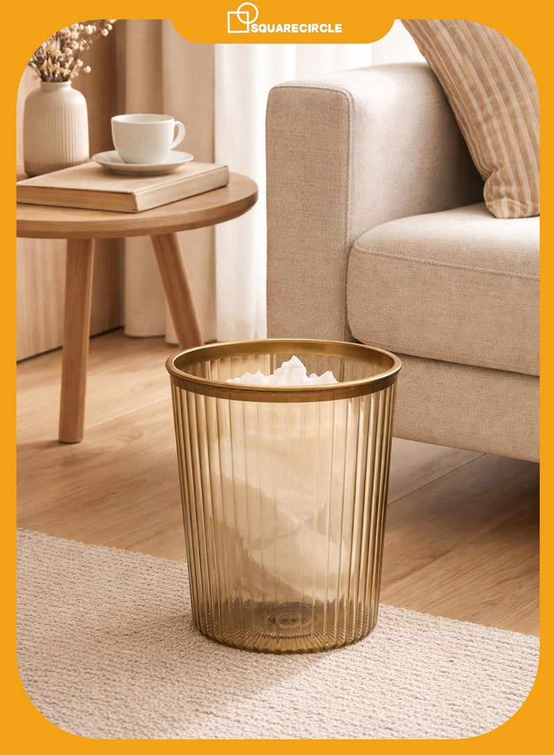 Squarecircle Transparent Amber Plastic Waste Bin with Gold Rim – Modern Round Trash Can for Office, Bathroom, Bedroom & Living Room, Lightweight Durable Garbage Basket - Image 1