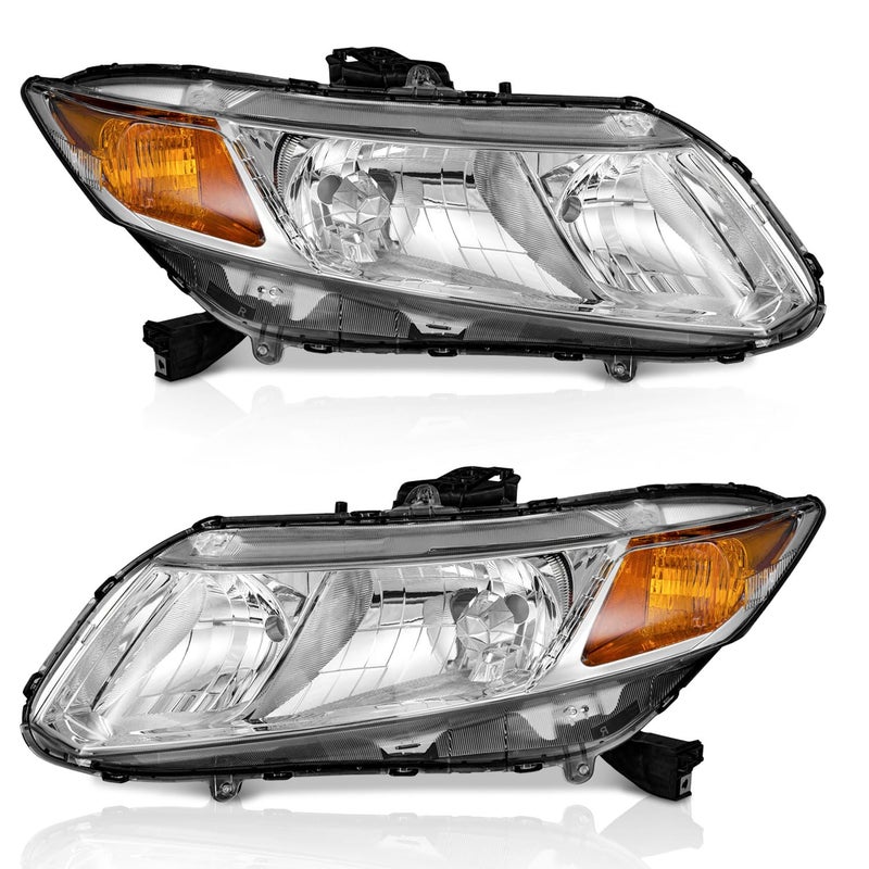 WEELMOTO for 2012-2015 Honda Civic 4Dr Sedan Headlights for 12-13 Honda Civic 2Dr Coupe Pair Headlamp Chrome Housing Amber Reflector Left+Right Side (Does NOT Fit Hybrid or Hybrid-L Models) - Image 1