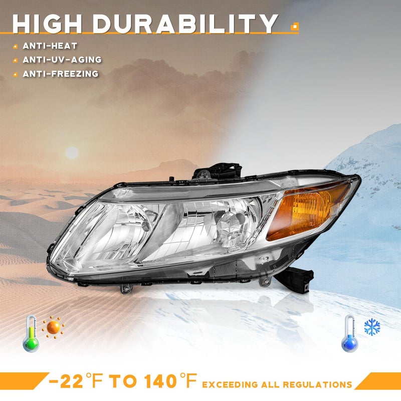 WEELMOTO for 2012-2015 Honda Civic 4Dr Sedan Headlights for 12-13 Honda Civic 2Dr Coupe Pair Headlamp Chrome Housing Amber Reflector Left+Right Side (Does NOT Fit Hybrid or Hybrid-L Models) - Image 4