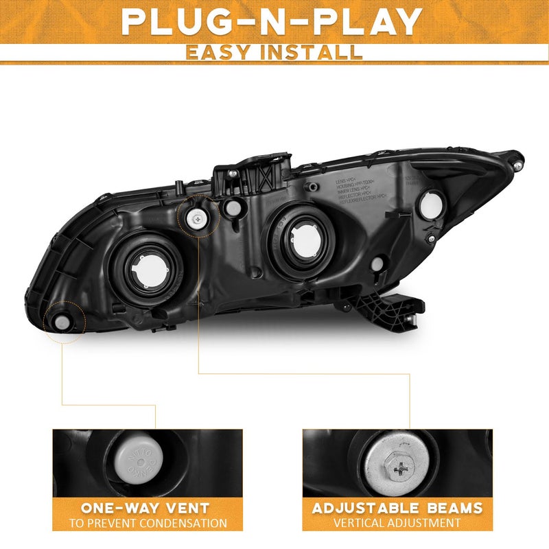 WEELMOTO for 2012-2015 Honda Civic 4Dr Sedan Headlights for 12-13 Honda Civic 2Dr Coupe Pair Headlamp Chrome Housing Amber Reflector Left+Right Side (Does NOT Fit Hybrid or Hybrid-L Models) - Image 3