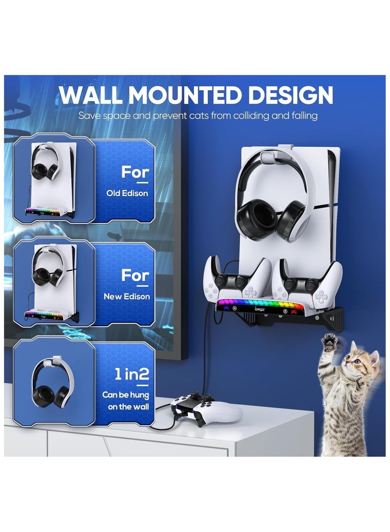 Ipega Wall Mount Kit for PS5 Slim/PS5 Console,Dual Charging Station Compatible with Playstation 5 Accessories (Disc ,Digital) with 15 RGB Light, 3 USB HUB, Headset Holder - Image 3