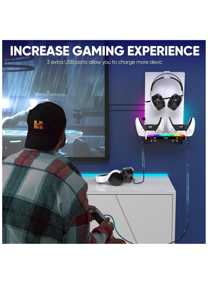 Ipega Wall Mount Kit for PS5 Slim/PS5 Console,Dual Charging Station Compatible with Playstation 5 Accessories (Disc ,Digital) with 15 RGB Light, 3 USB HUB, Headset Holder - Image 2