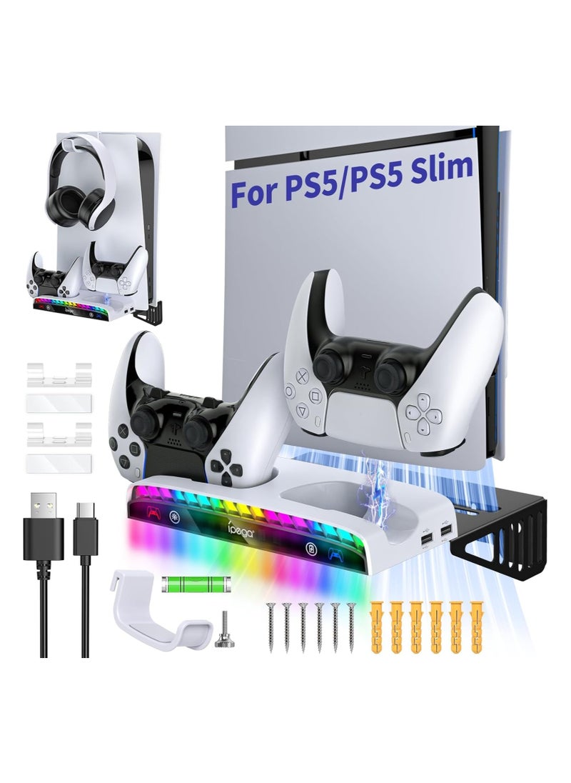 أبيجا طقم حامل حائط لوحدة التحكم ps5 slim/ps5، محطة شحن مزدوجة متوافقة مع ملحقات بلاي ستيشن 5 (قرص، رقمي) مع 15 ضوء RGB، 3 محاور USB، حامل سماعة رأس  - Image 1