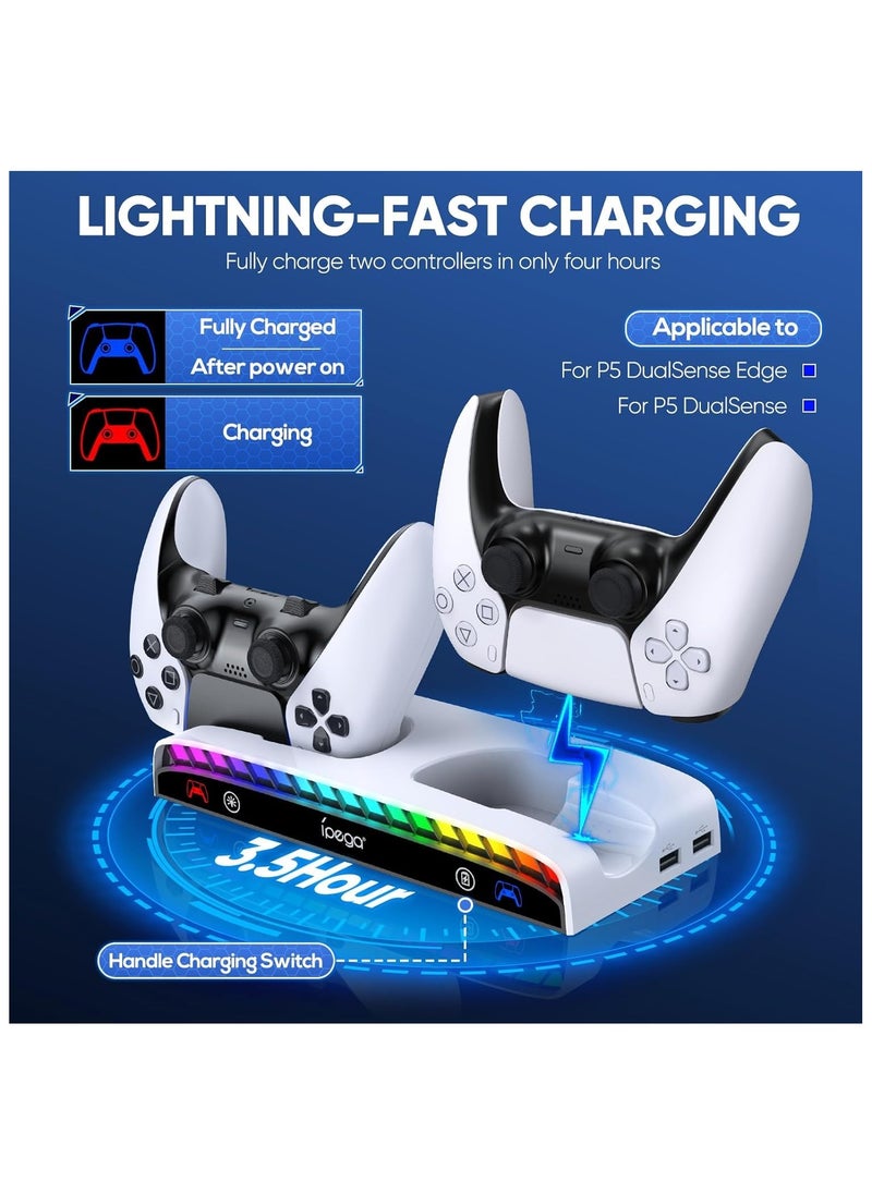 أبيجا طقم حامل حائط لوحدة التحكم ps5 slim/ps5، محطة شحن مزدوجة متوافقة مع ملحقات بلاي ستيشن 5 (قرص، رقمي) مع 15 ضوء RGB، 3 محاور USB، حامل سماعة رأس  - Image 3