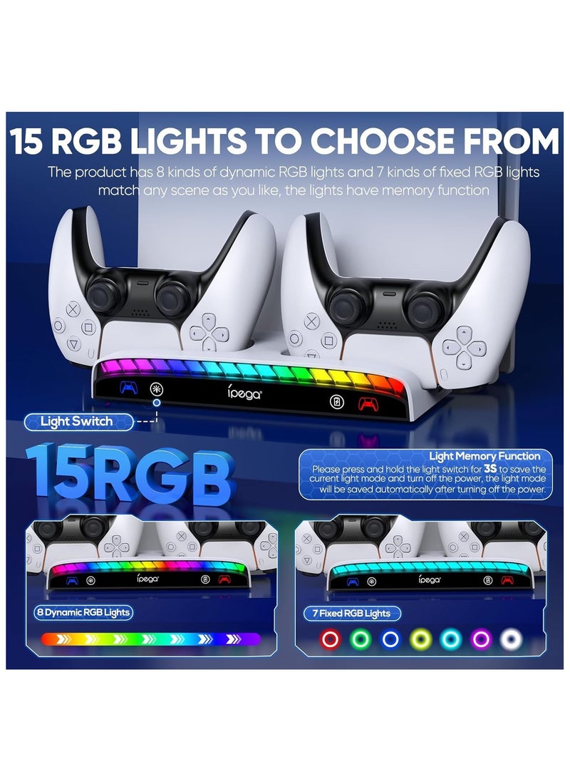 أبيجا طقم حامل حائط لوحدة التحكم ps5 slim/ps5، محطة شحن مزدوجة متوافقة مع ملحقات بلاي ستيشن 5 (قرص، رقمي) مع 15 ضوء RGB، 3 محاور USB، حامل سماعة رأس  - Image 4