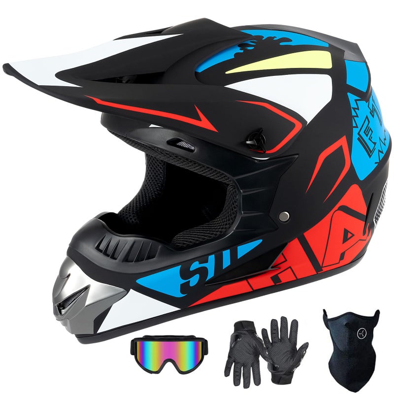 SanQing Youth Adult AntiCollision Dirt Bike Helmet Trend Skull ATV DOT Approved BMX Helmet SUV Goggles Gloves Face ShieldDirt Bike Downhill OffRoad Mountain Bike Helmet 4Piece Set Z BlueWhiteSmall - Image 3