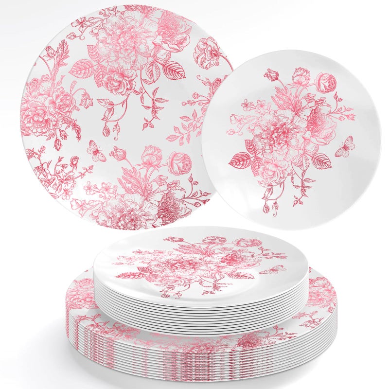 FYSUIMU 40Pcs Pink Floral Plastic Plates Vintage Flower Reusable Plate Chinoiserie Dinner Dessert Plates for Birthday Baby Shower Party Supplies Table Decor - Image 1