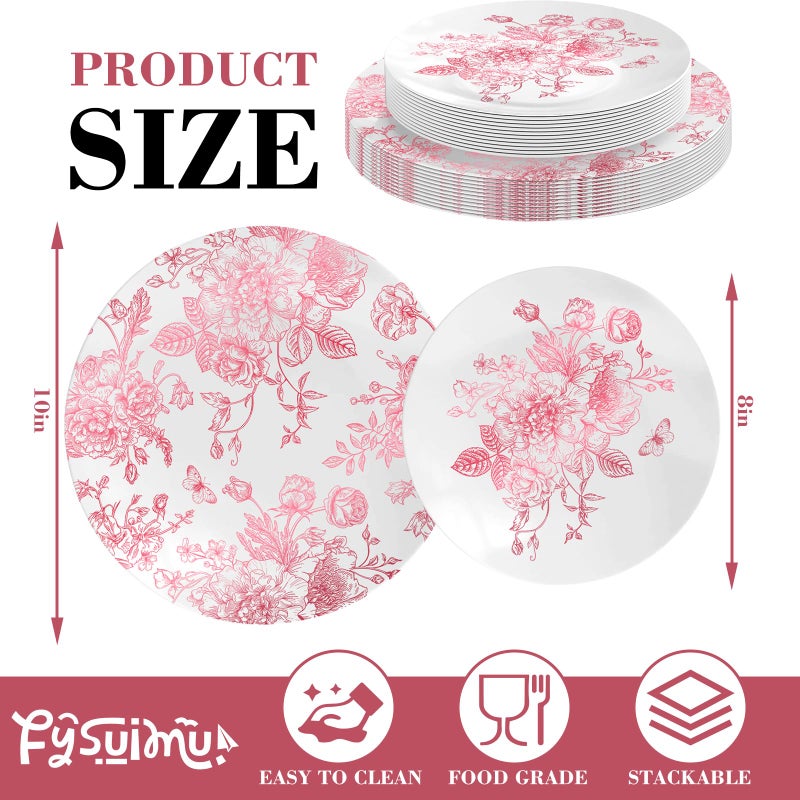 FYSUIMU 40Pcs Pink Floral Plastic Plates Vintage Flower Reusable Plate Chinoiserie Dinner Dessert Plates for Birthday Baby Shower Party Supplies Table Decor - Image 2