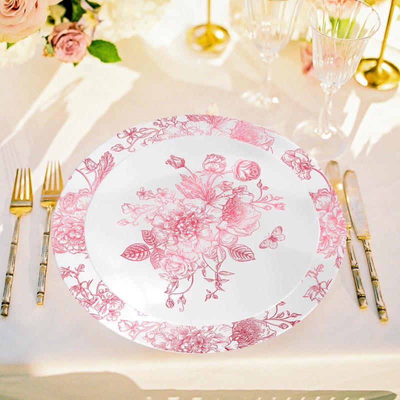 FYSUIMU 40Pcs Pink Floral Plastic Plates Vintage Flower Reusable Plate Chinoiserie Dinner Dessert Plates for Birthday Baby Shower Party Supplies Table Decor - Image 5