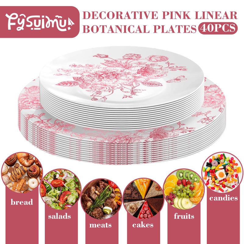 FYSUIMU 40Pcs Pink Floral Plastic Plates Vintage Flower Reusable Plate Chinoiserie Dinner Dessert Plates for Birthday Baby Shower Party Supplies Table Decor - Image 3