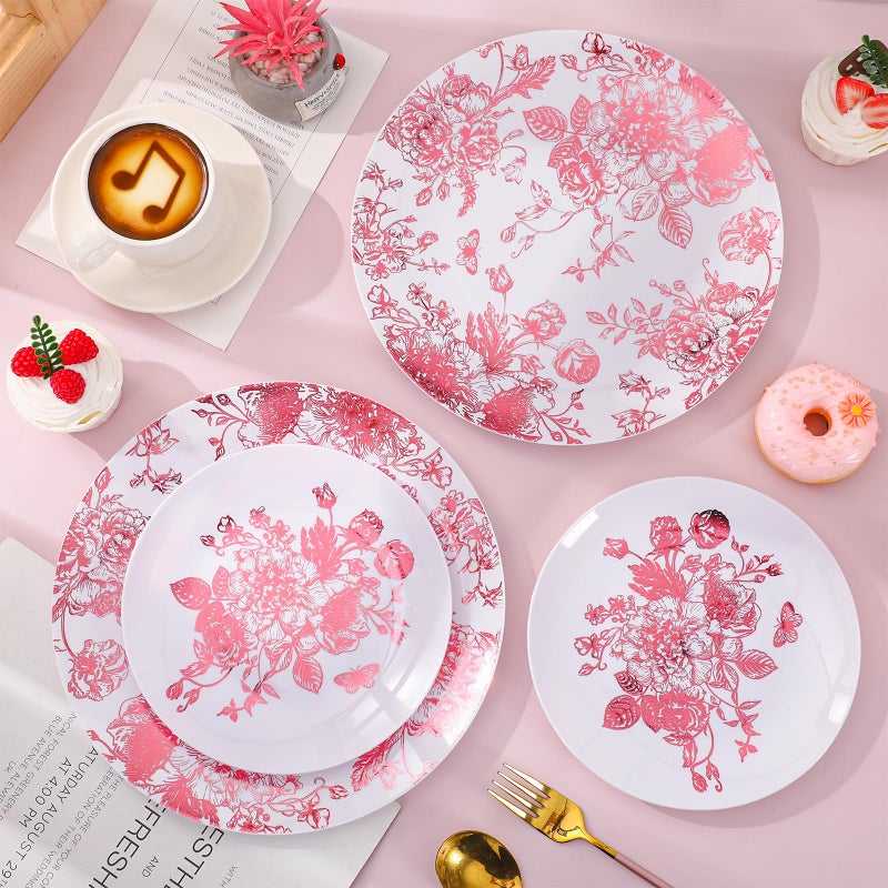 FYSUIMU 40Pcs Pink Floral Plastic Plates Vintage Flower Reusable Plate Chinoiserie Dinner Dessert Plates for Birthday Baby Shower Party Supplies Table Decor - Image 4