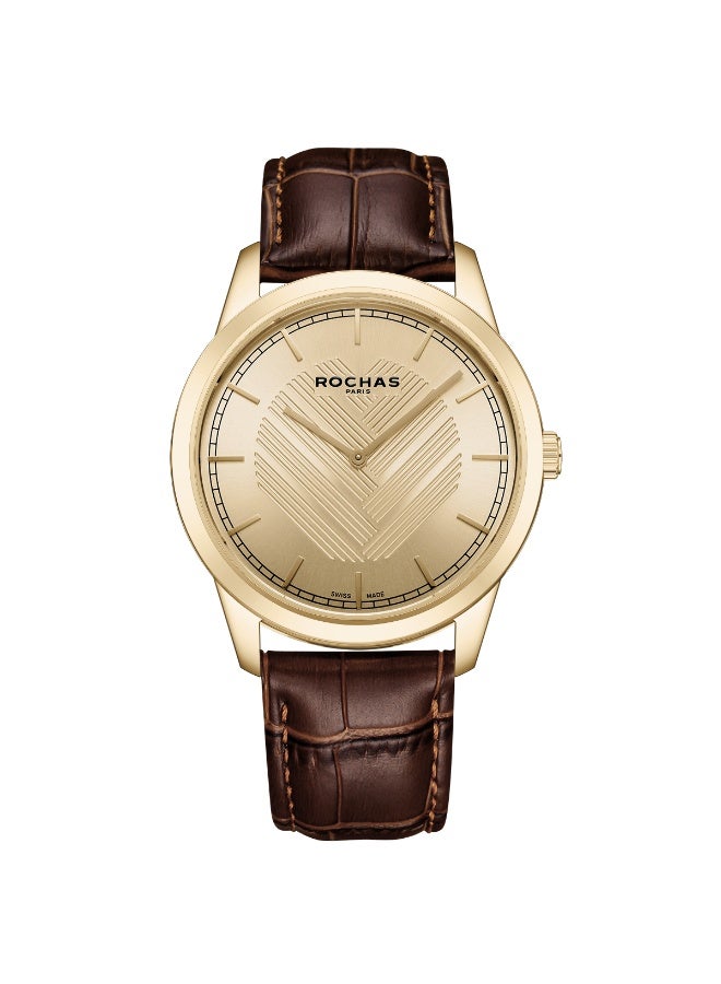Rochas Men's 42 mm Gold Dial and Brown Genuine Leather Strap Watch  - RWM203B