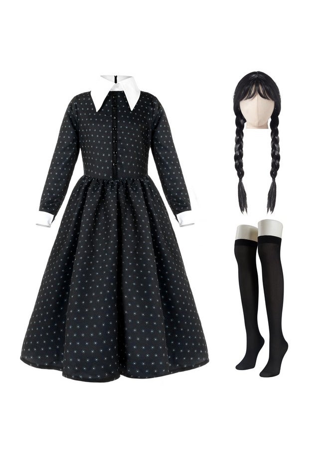 Spooktacular Creations - Girls Halloween Black Costume, Black Floral Print Dress With Wig And Stocks For Girls Kids Halloween Dress Up And Role-Playing(Medium(8-10 Yrs)) - Image 1