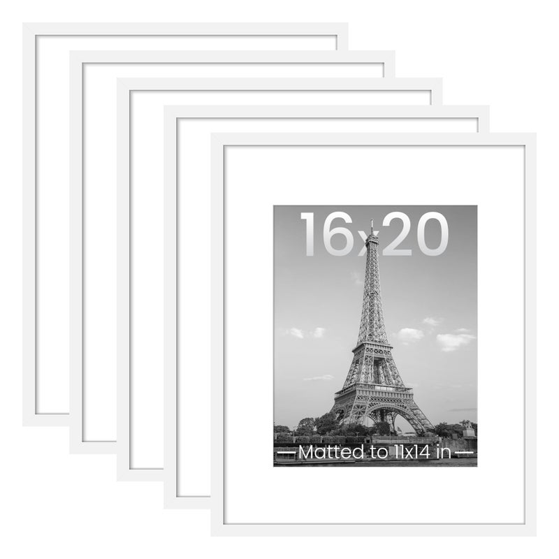 upsimples 16x20 Picture Frame Set of 5, Display Pictures 11x14 with Mat or 16 x 20 Without, Wall Gallery Poster Frames, White - Image 1