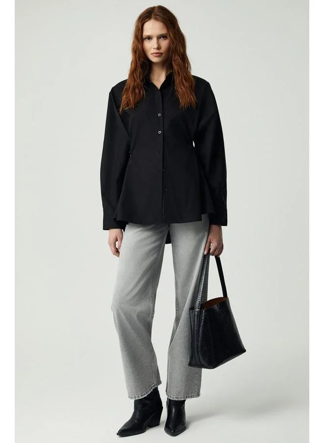 Ethiquet Erına Women's Relaxed Button Waist-Adjustable Long Sleeve Black Shirt.