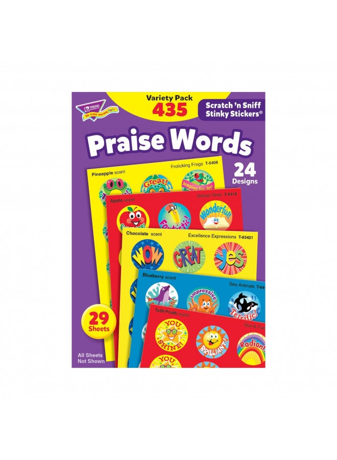TREND ENTERPRISES: Praise Words, Scented Scratch 'N Sniff Stinky Stickers, Fun for Rewards, Incentives, Crafts and as Collectibles, 24 Different Designs, 29 Sheets Included, For Ages 3 and Up - Image 1