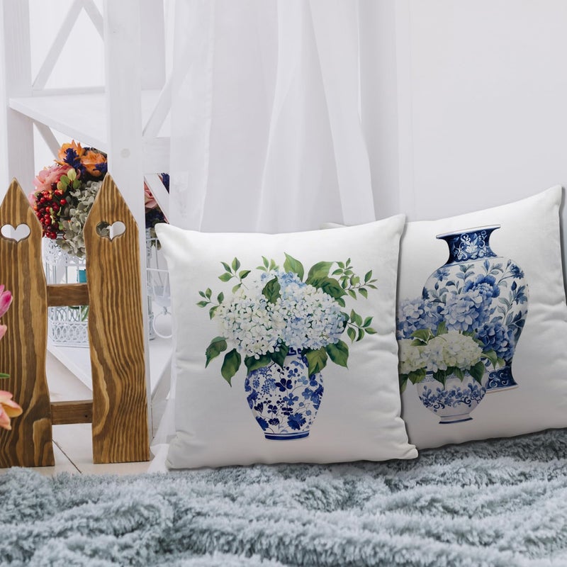 Nvotell Blue and White Chinoiserie Hydrangea Pillow Covers 18x18, Chinoiserie Decor, Farmhouse Blue Floral Grandmillenial Decorative Throw Pillows Case for Home Bedroom Living Room Decor, Set of 2 - Image 4