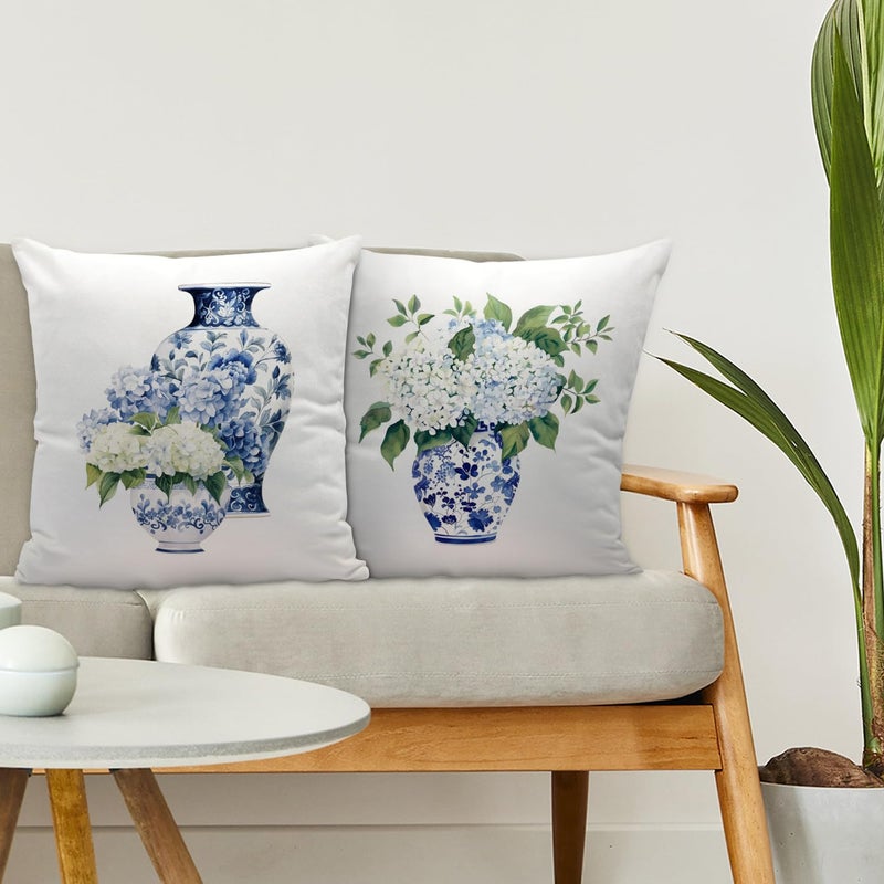Nvotell Blue and White Chinoiserie Hydrangea Pillow Covers 18x18, Chinoiserie Decor, Farmhouse Blue Floral Grandmillenial Decorative Throw Pillows Case for Home Bedroom Living Room Decor, Set of 2 - Image 3