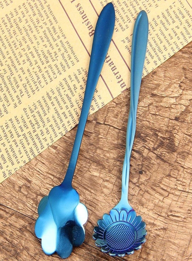 Litvibes Kitchen Dinner Dining Tableware,Cutlery Dessert Spoon,Coffee,Sugar,Mixing,Tea,Stirring,Cake and Ice Cream Spoon,Stir Bar Royal Blue Flower Stainless Steel Spoon-Set of 6 (Random) - Image 3