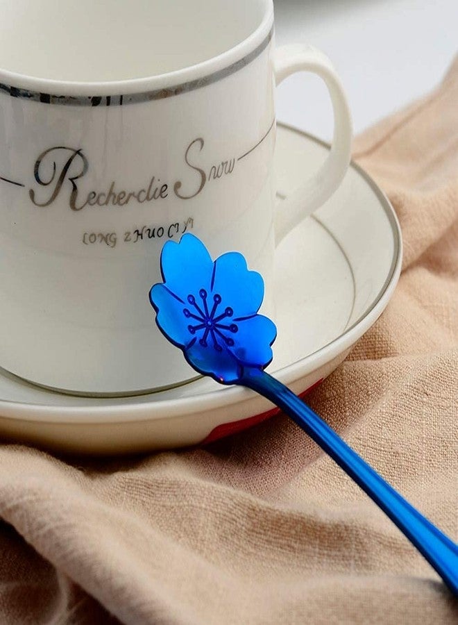Litvibes Kitchen Dinner Dining Tableware,Cutlery Dessert Spoon,Coffee,Sugar,Mixing,Tea,Stirring,Cake and Ice Cream Spoon,Stir Bar Royal Blue Flower Stainless Steel Spoon-Set of 6 (Random) - Image 4