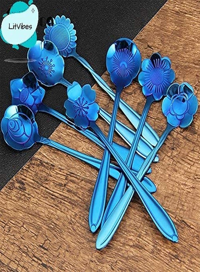 Litvibes Kitchen Dinner Dining Tableware,Cutlery Dessert Spoon,Coffee,Sugar,Mixing,Tea,Stirring,Cake and Ice Cream Spoon,Stir Bar Royal Blue Flower Stainless Steel Spoon-Set of 6 (Random) - Image 1