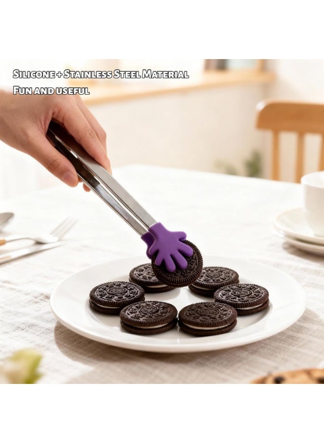 4 قطع ملقط تقديم طعام صغير 5 بوصة بتصميم يد من السيليكون مع هيكل ستانلس ستيل مناسب للحلويات والفواكه والبوفيه - Image 4