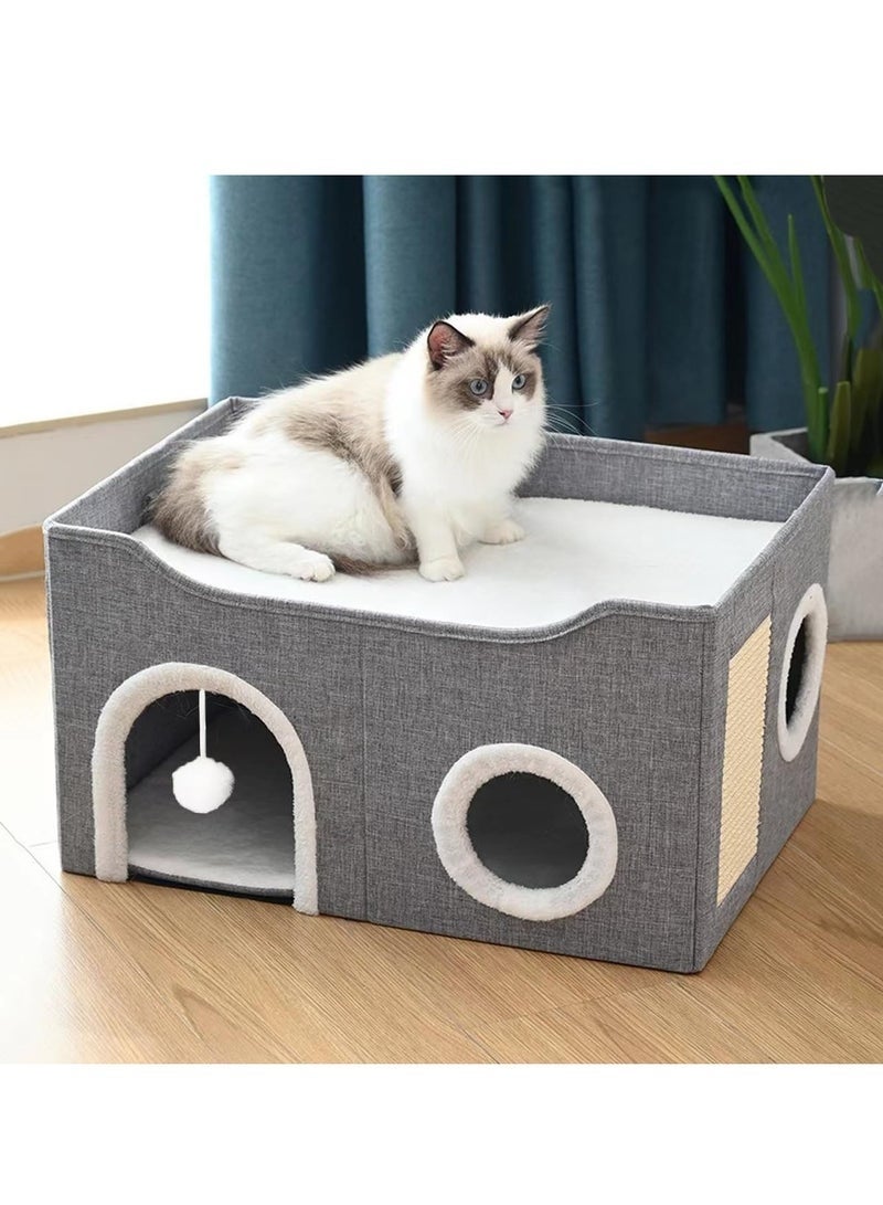 MYONE Cat Beds,Cat House for Indoor Cats, Foldable Cat House,Large Soft Cave Bed with Scratching Board for Small Medium Pets,Grey - Image 1