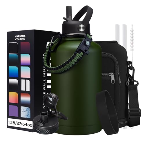 DIGJUPER 64oz Insulated Water Bottle with Straw Auto Spout Lid Cold 48H Hot 24H Half Gallon Stainless Steel Water Jug with Paracord Handle Metal Tactical Military Water Flask with Carrier Strap Bag - Image 1