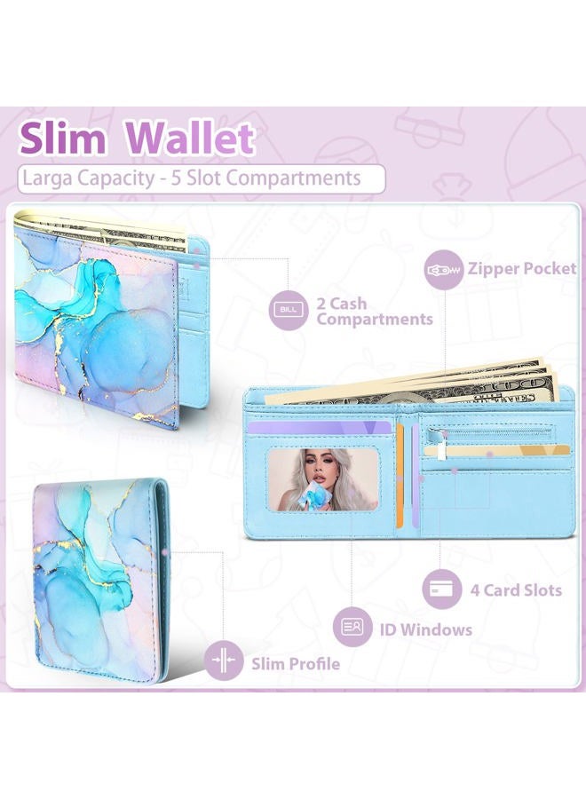 Funermei Cute Wallet for Women Girls Marble Leather Bifold Wallet Boys Aesthetic Credit Card Holder RFID Blocking Id Cash Slim Small Bi Fold Wallets with Coin Pocket Teen Little Girl Blue Funny Desgin - Image 4