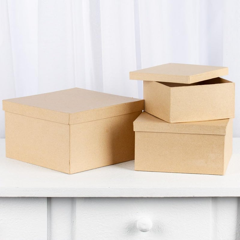 Factory Direct Craft Handcrafted Paper Mache Square Shaped Box Set - 3 Premade Papier Mache Cardboard Nested Square Boxes (1 of Each Size Box) - Ready to Paint and Decorate Craft Project - Image 3