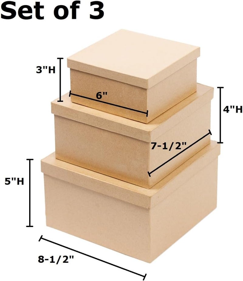 Factory Direct Craft Handcrafted Paper Mache Square Shaped Box Set - 3 Premade Papier Mache Cardboard Nested Square Boxes (1 of Each Size Box) - Ready to Paint and Decorate Craft Project - Image 2