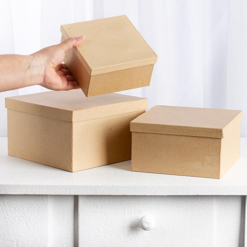 Factory Direct Craft Handcrafted Paper Mache Square Shaped Box Set - 3 Premade Papier Mache Cardboard Nested Square Boxes (1 of Each Size Box) - Ready to Paint and Decorate Craft Project - Image 4