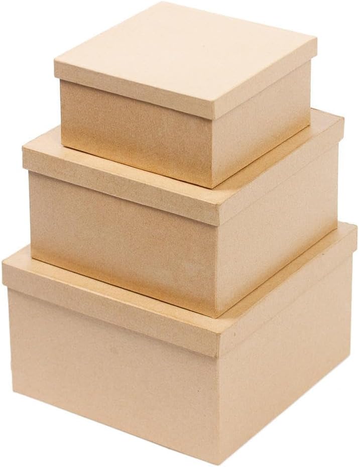 Factory Direct Craft Handcrafted Paper Mache Square Shaped Box Set - 3 Premade Papier Mache Cardboard Nested Square Boxes (1 of Each Size Box) - Ready to Paint and Decorate Craft Project - Image 1