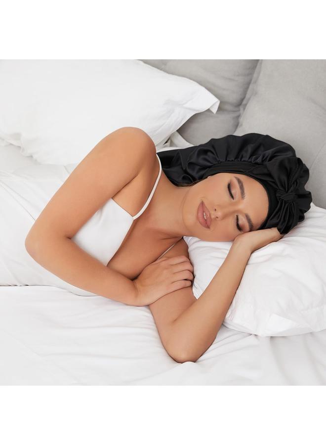 طاقية طويلة من الساتان للنوم، طاقية الساتان المبطنة للضفائر مع شريط مطاطي، طاقية طويلة قابلة للتعديل للنساء للشعر المجعد والمضفّر والضفائر (أسود) - Image 4