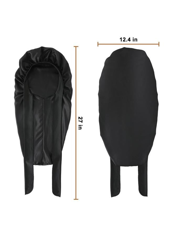 طاقية طويلة من الساتان للنوم، طاقية الساتان المبطنة للضفائر مع شريط مطاطي، طاقية طويلة قابلة للتعديل للنساء للشعر المجعد والمضفّر والضفائر (أسود) - Image 5