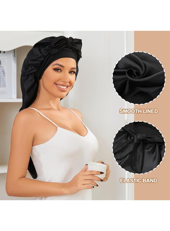 طاقية طويلة من الساتان للنوم، طاقية الساتان المبطنة للضفائر مع شريط مطاطي، طاقية طويلة قابلة للتعديل للنساء للشعر المجعد والمضفّر والضفائر (أسود) - Image 2