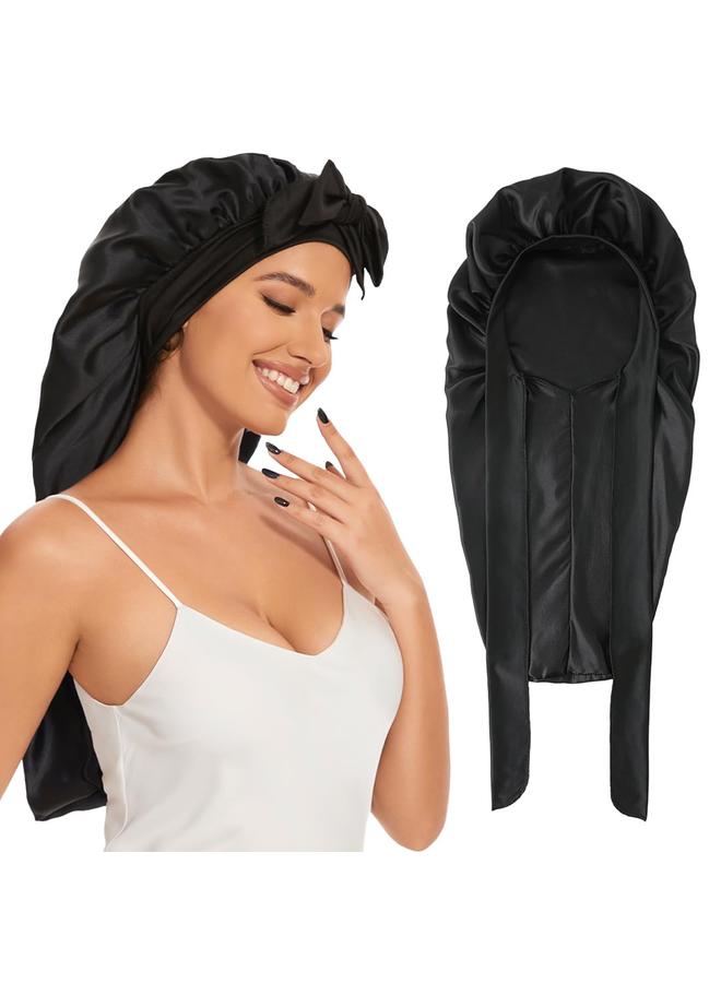 طاقية طويلة من الساتان للنوم، طاقية الساتان المبطنة للضفائر مع شريط مطاطي، طاقية طويلة قابلة للتعديل للنساء للشعر المجعد والمضفّر والضفائر (أسود) - Image 1