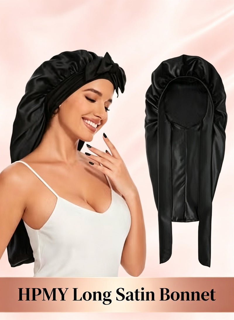 HPMY Long Satin Bonnet for Sleeping, Satin Lined Braid Bonnet with Elastic Band, Silk Sleep Cap for Hair Protection & Curly Hair - Black - Image 1