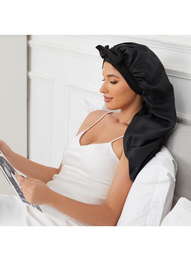 HPMY Long Satin Bonnet for Sleeping, Satin Lined Braid Bonnet with Elastic Band, Silk Sleep Cap for Hair Protection & Curly Hair - Black - Image 4