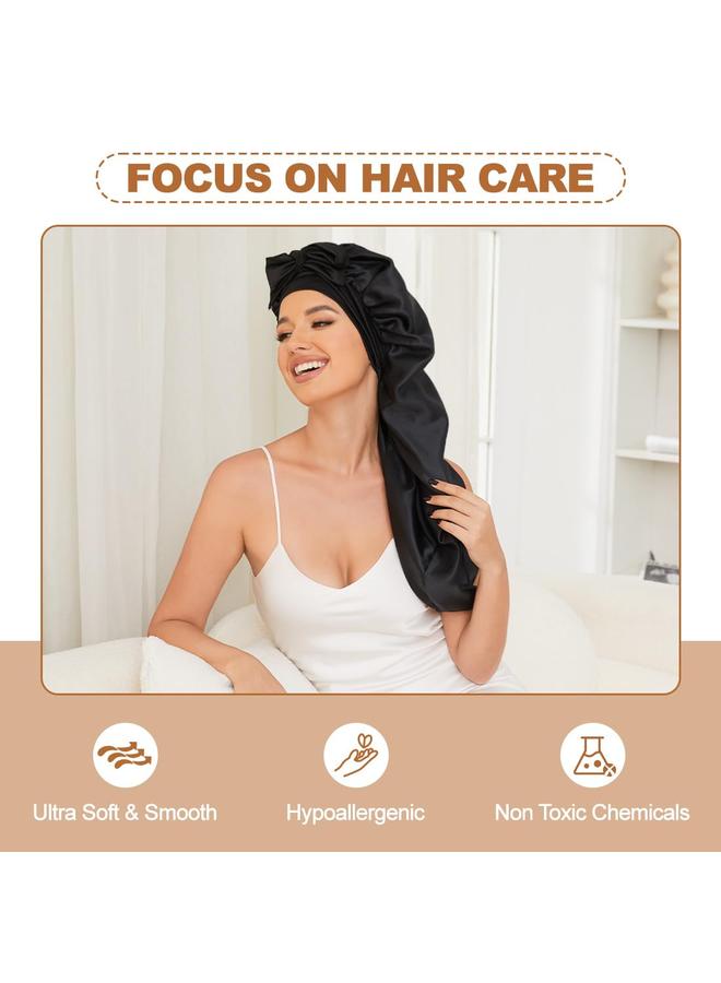 HPMY Long Satin Bonnet for Sleeping, Satin Lined Braid Bonnet with Elastic Band, Silk Sleep Cap for Hair Protection & Curly Hair - Black - Image 5