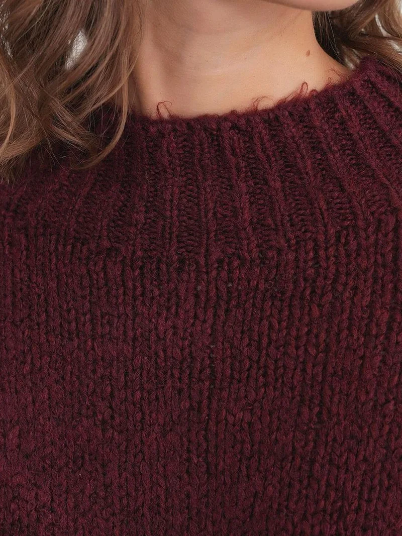 MixRay Burgundy Red Mixray Relaxed Fit Crew Neck Thick Knit Sweater for Women | Best Price UAE