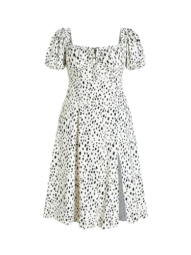 CIDER Women's Plus Size Dress Floral Fruit Square Neck Puff Sleeve Split Sun Dress Summer Midi Dresses Vacation Outfits Beige - Image 1